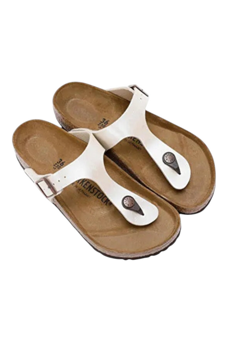Sporline Birkenstock Gizeh beyaz kadın parmak arası terlik, mantar tabanlı ve ayarlanabilir tokalı tasarım.