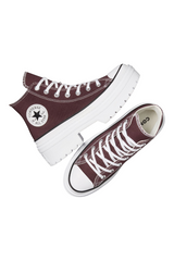 Sporline marka bordo renkli, yüksek tabanlı, bağcıklı Converse Chuck Taylor All Star Lugged kadın spor ayakkabı.