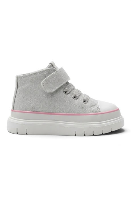 Sporline Buckhead parlak beyaz keten çocuk sneaker, cırt cırtlı ve bağcıklı yüksek tabanlı tasarım