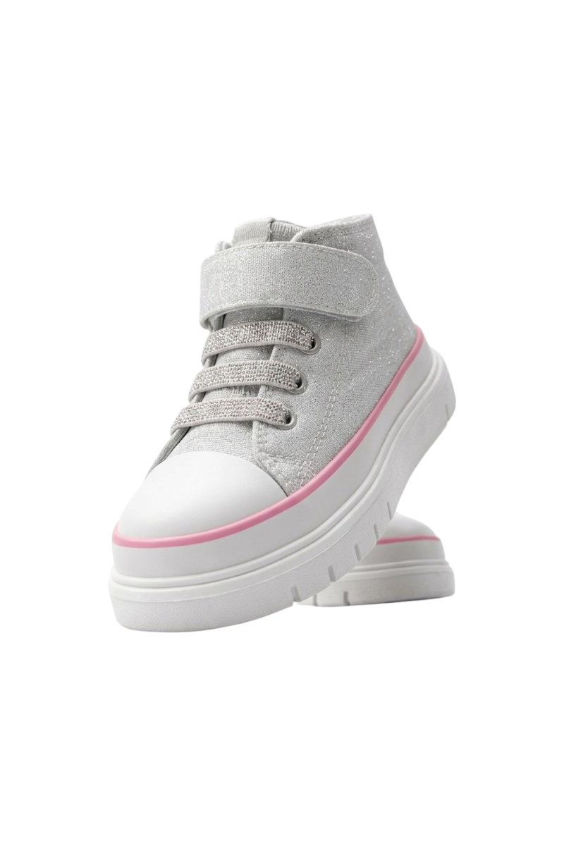 Sporline Buckhead parlak beyaz keten çocuk sneaker, cırt cırtlı ve pembe detaylı yüksek tabanlı spor ayakkabı
