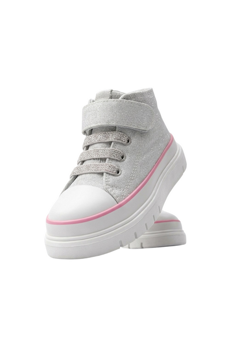 Sporline Buckhead parlak beyaz keten çocuk sneaker, cırt cırtlı ve pembe detaylı yüksek tabanlı spor ayakkabı