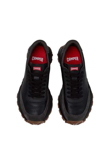 Sporline Camper Drift Trail siyah deri ve nubuk erkek sneaker, kauçuk tabanlı outdoor tasarımlı bağcıklı ayakkabı