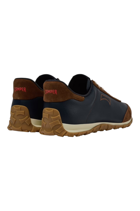 Sporline Camper Drift Walk koyu mavi deri ve nubuk erkek spor ayakkabı, arkadan görünüm, Vibram tabanlı