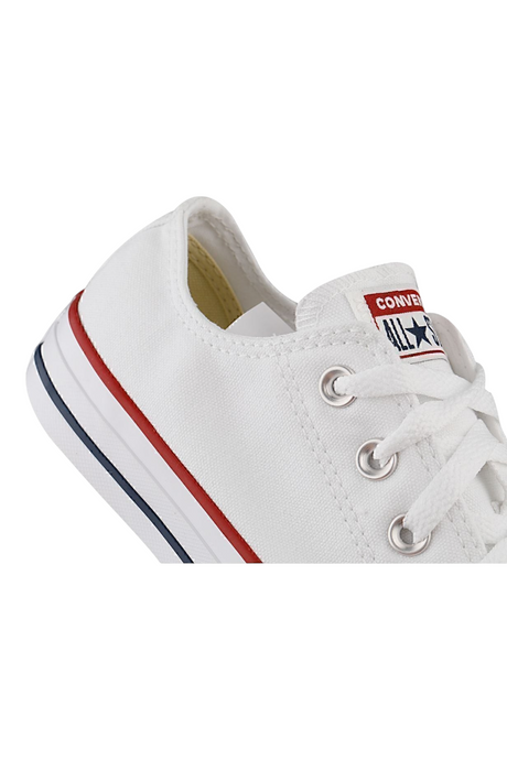 Sporline Converse Chuck Taylor All Star beyaz tekstil sneaker ayakkabı, kırmızı ve lacivert şerit detaylı taban
