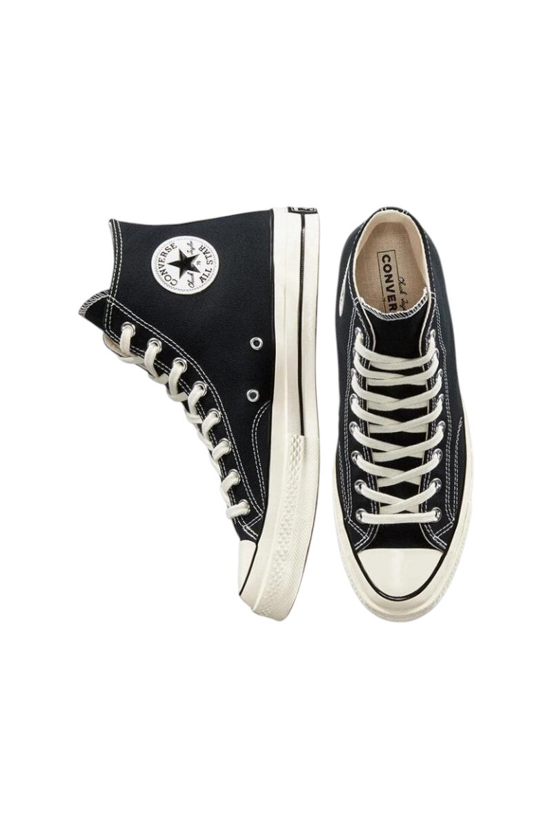 Sporline marka siyah kanvas Converse Chuck 70 Hi erkek sneaker ayakkabı, yan ve üstten görünüm
