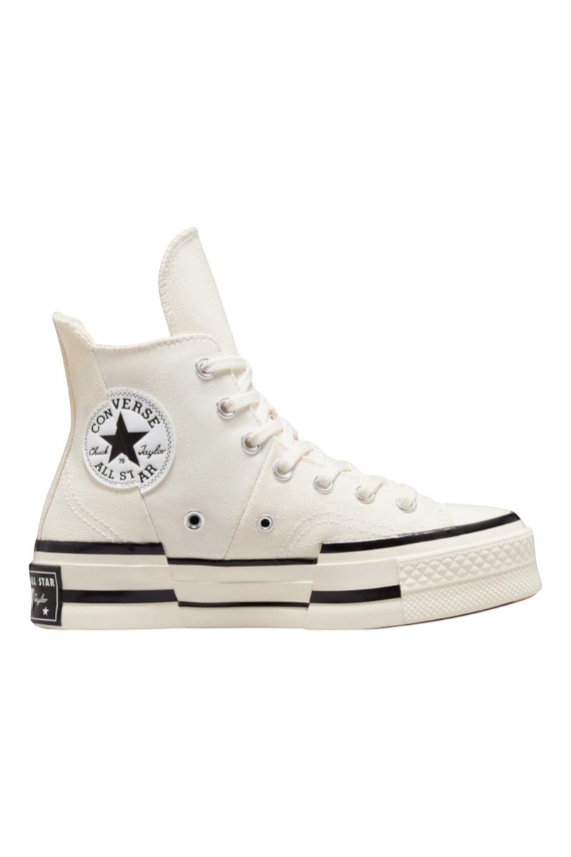 Sporline marka, bej ve siyah renkli, asimetrik tasarımlı, yüksek tabanlı kanvas Converse Chuck 70 Plus spor ayakkabı