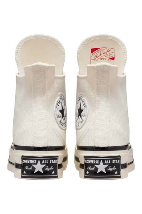 Sporline Converse Chuck 70 Plus bej kanvas yüksek tabanlı sneaker, asimetrik topuk ve ikonik Chuck Taylor yaması ile