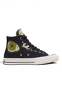 Sporline Converse Chuck 70 siyah kanvas yüksek bilekli spor ayakkabı, sarı desenli detaylar ve ikonik All Star logosu