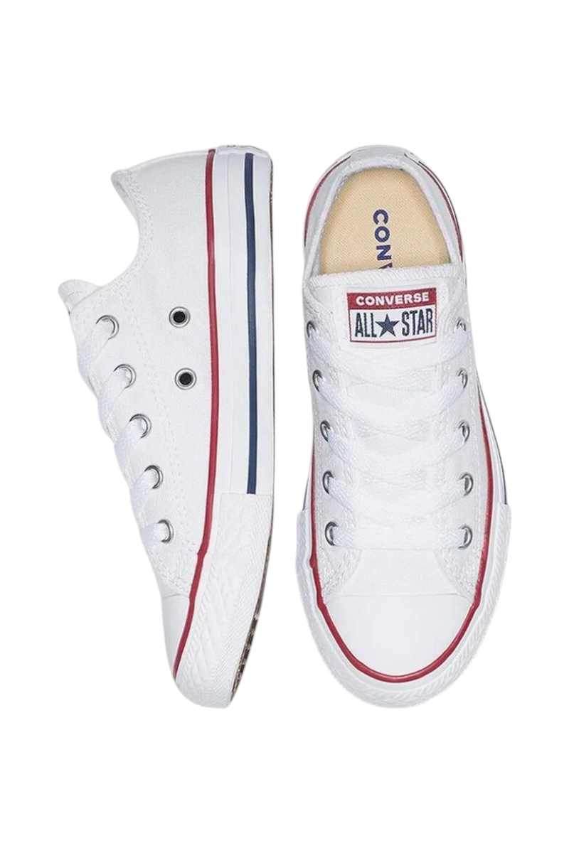 Sporline Converse Chuck Taylor All Star beyaz kanvas spor ayakkabı, kırmızı ve lacivert şerit detaylı