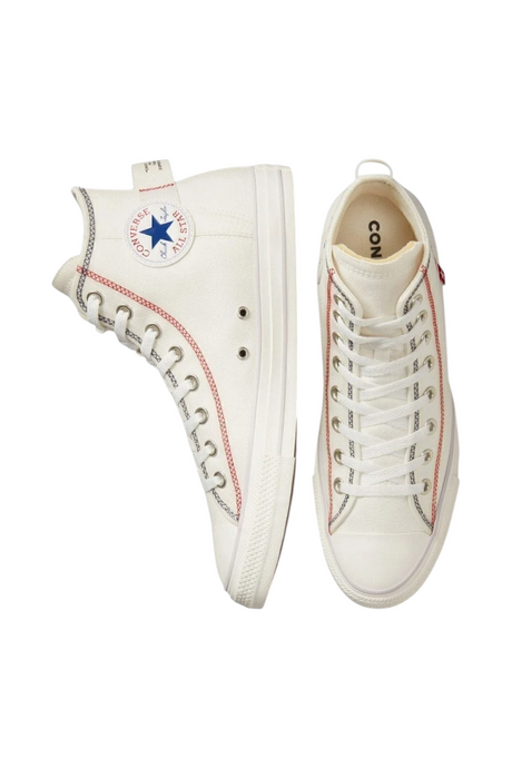 Sporline Converse Chuck Taylor All Star krem rengi kanvas yüksek bilekli spor ayakkabı, kırmızı dikiş detaylı