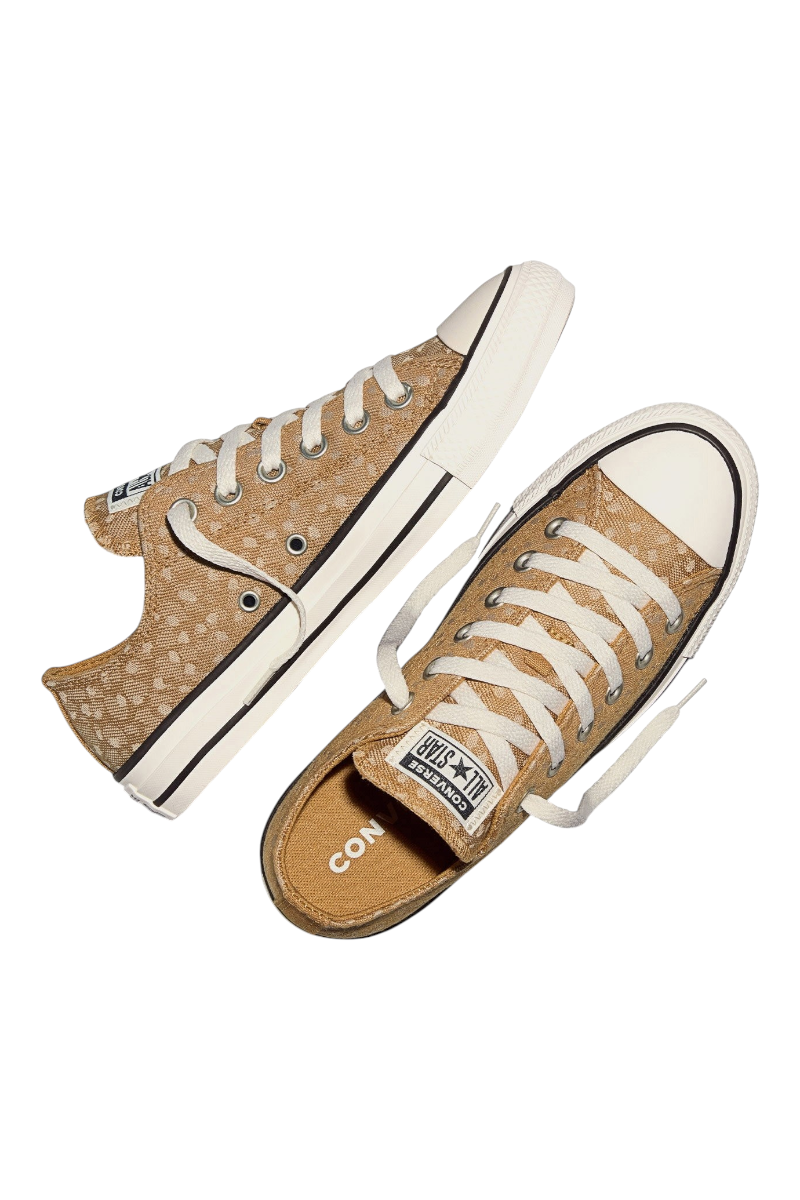 Sporline Converse Chuck Taylor All Star sarı renkli, desenli kanvas kumaşlı, beyaz bağcıklı düşük bilek spor ayakkabı