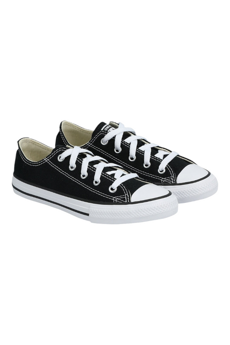 Sporline Converse Chuck Taylor All Star siyah kanvas çocuk spor ayakkabı, beyaz bağcıklı ve kauçuk burunlu klasik tasarım