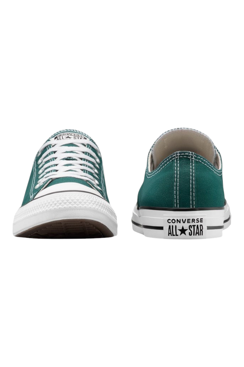 Sporline marka, açık yeşil ve haki renkli, beyaz bağcıklı ve ikonik kauçuk burunlu Converse Chuck Taylor spor ayakkabı