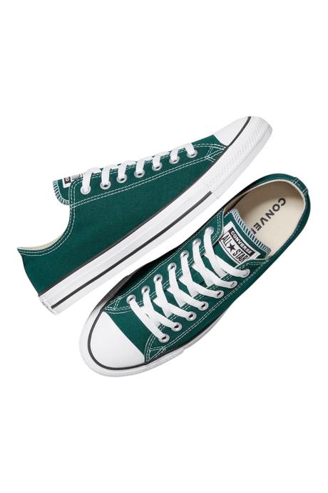 Sporline marka, beyaz bağcıklı ve kauçuk tabanlı, koyu yeşil kanvas Converse Chuck Taylor All Star spor ayakkabı