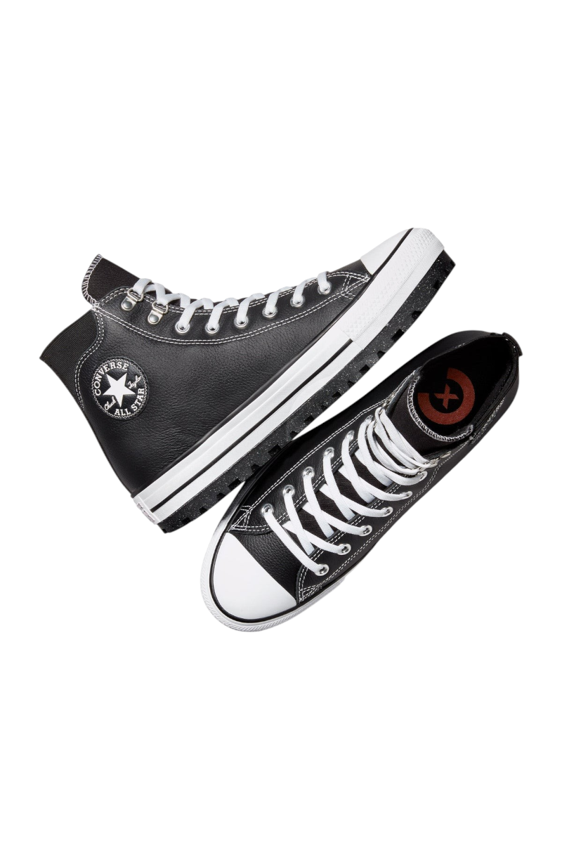 Sporline Converse City Trek siyah deri su geçirmez yüksek bilekli sneaker, beyaz bağcıklı ve tırtıklı tabanlı