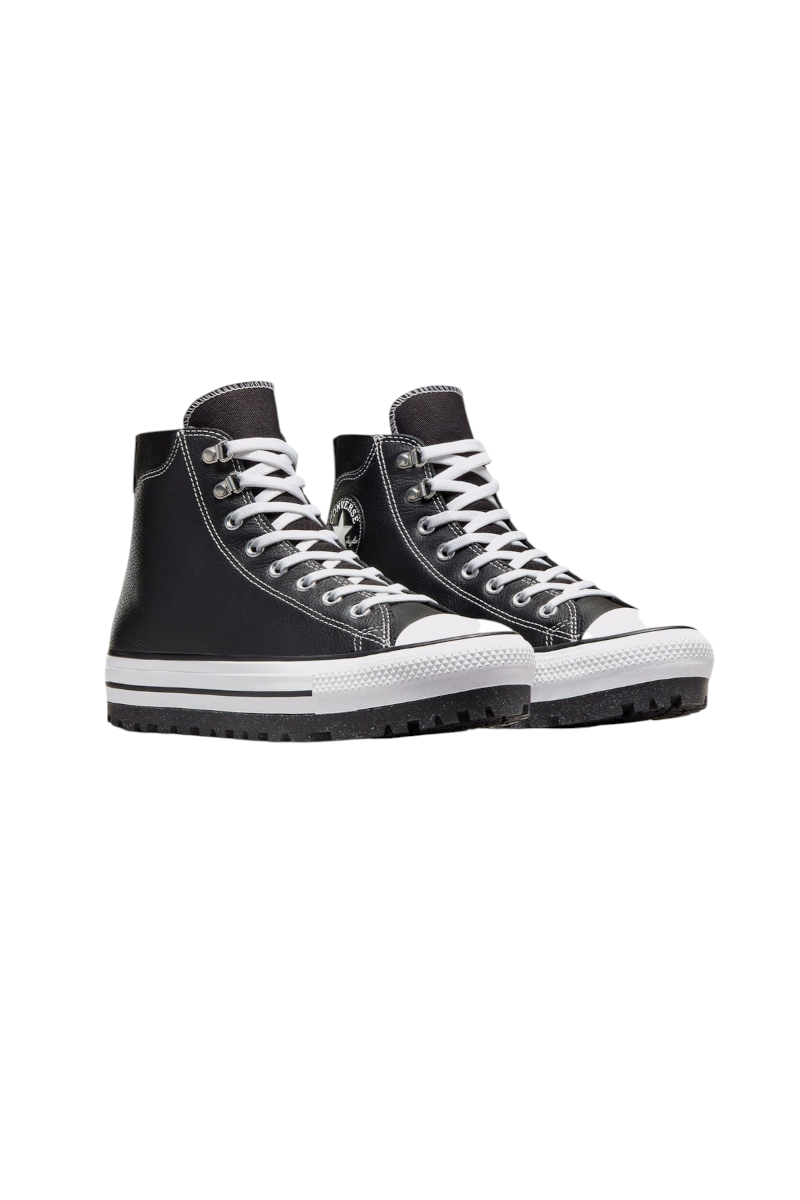 Sporline Converse City Trek siyah deri yüksek bilekli su geçirmez sneaker, tırtıklı tabanlı ve beyaz bağcıklı