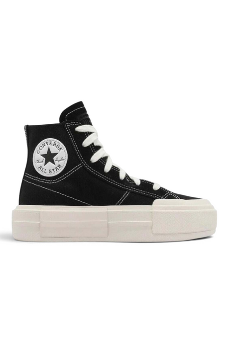 Sporline Converse Cruise siyah unisex yüksek tabanlı kanvas spor ayakkabı, beyaz bağcıklı ve ikonik logolu tasarım