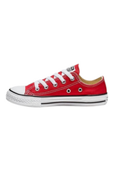 Sporline Converse Chuck Taylor All Star kırmızı kanvas düşük bilekli spor ayakkabı, beyaz bağcıklı ve kauçuk tabanlı