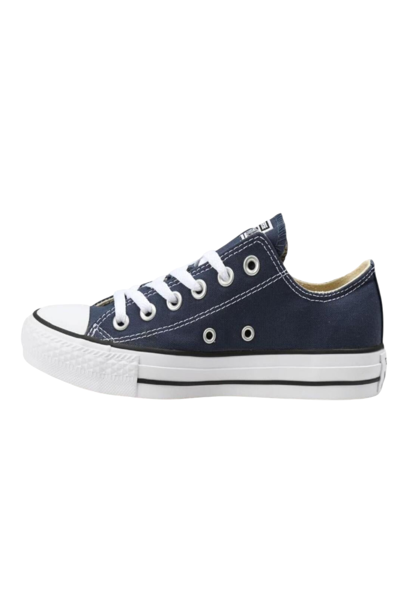 Sporline Converse Chuck Taylor All Star koyu lacivert kanvas düşük bilekli spor ayakkabı, beyaz bağcıklı yan görünüm