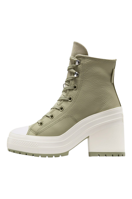 Sporline Converse Chuck 70 De Luxe Heel koyu yeşil deri topuklu bot, beyaz platform tabanlı yan görünüm.
