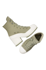Sporline Converse Chuck 70 De Luxe Heel koyu yeşil deri topuklu spor ayakkabı, beyaz platform tabanlı