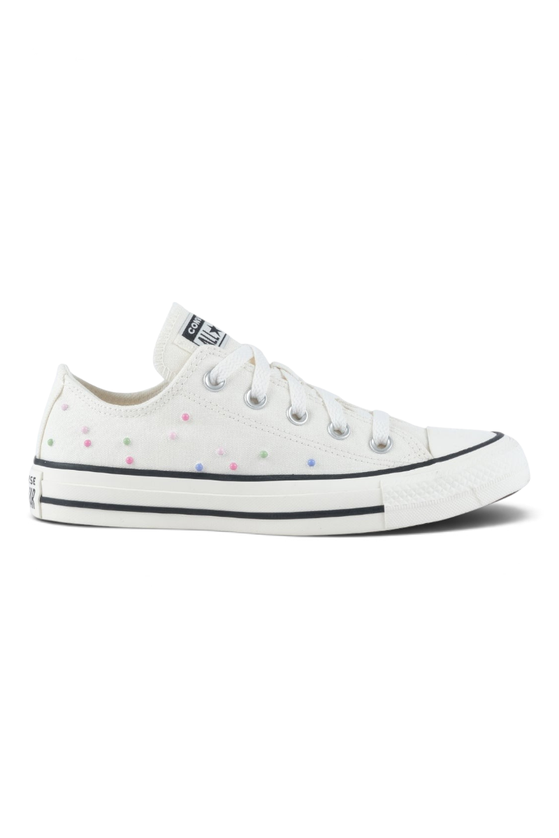 Sporline Converse Chuck Originals krem rengi, renkli nokta detaylı, düşük bilekli kanvas spor ayakkabı