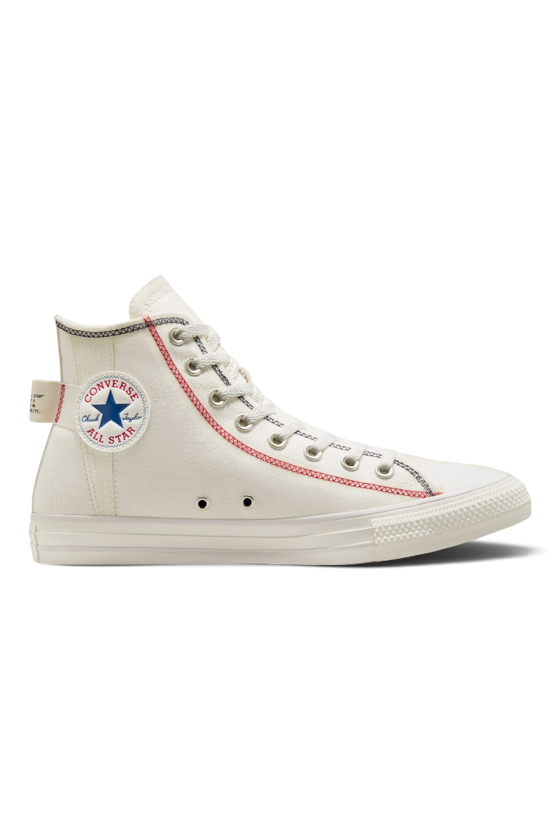 Sporline Converse Chuck Taylor All Star krem rengi kanvas yüksek bilekli spor ayakkabı, kırmızı dikiş detaylı