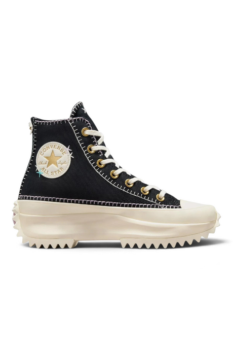 Sporline Converse Run Star Hike siyah kanvas platform spor ayakkabı, topukta papatya aplikeli ve dekoratif dikişli