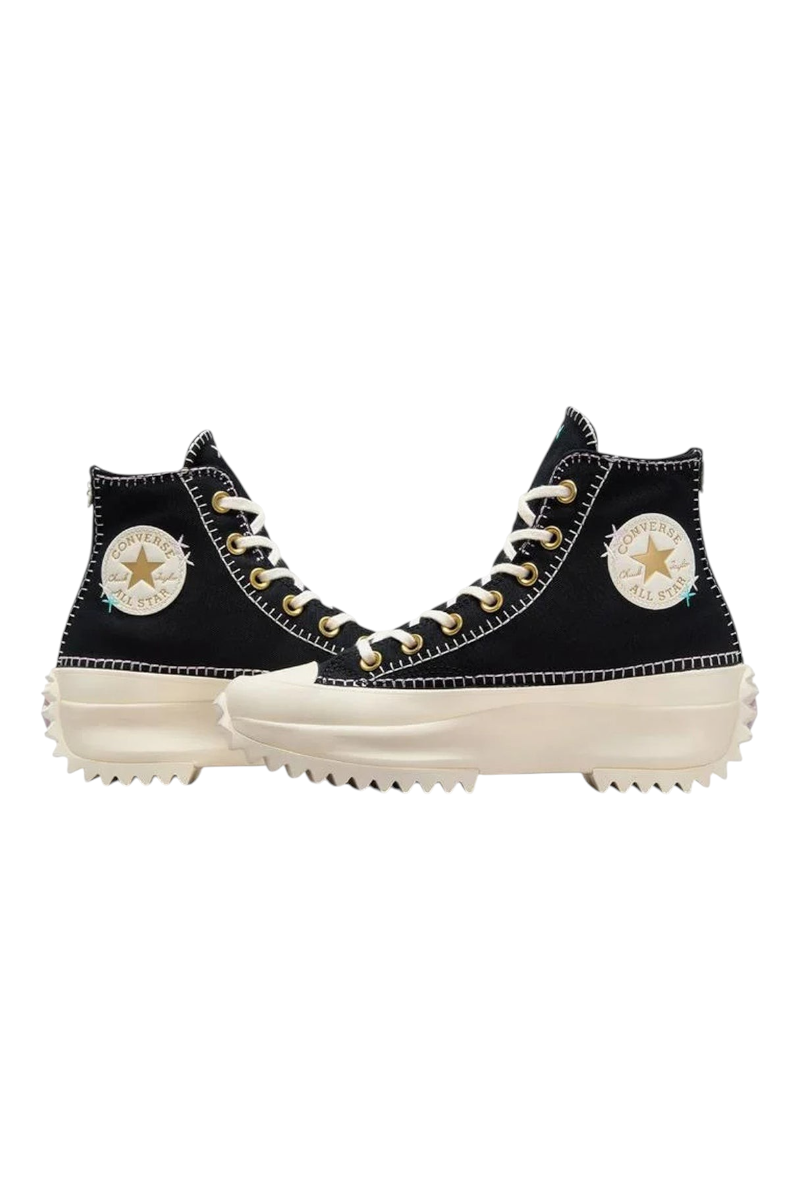 Sporline Converse Run Star Hike siyah kanvas platform spor ayakkabı, topukta papatya aplikeli ve ikonik logolu