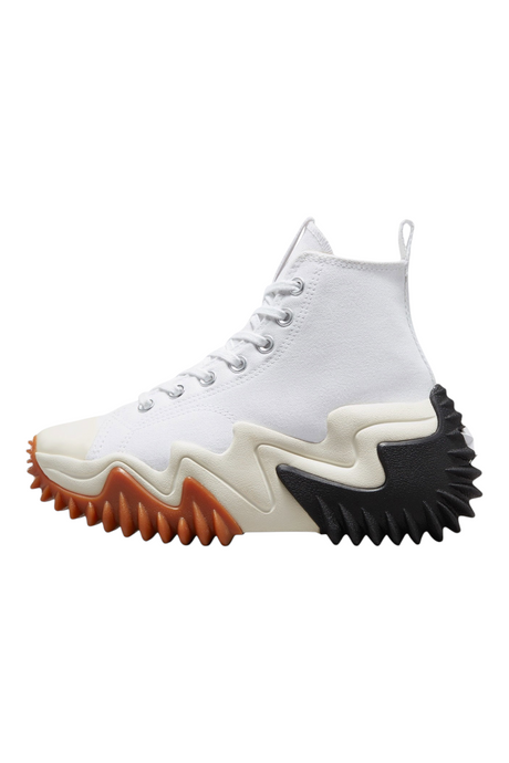 Sporline Converse Run Star Motion beyaz kanvas yüksek tabanlı spor ayakkabı, siyah ve taba renkli tırtıklı taban
