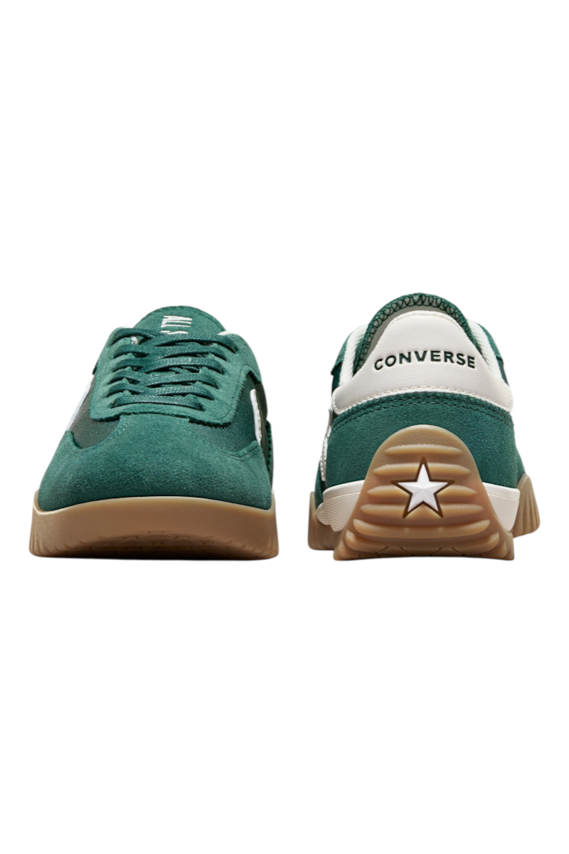 Sporline Converse Run Star Trainer yeşil süet spor ayakkabı, beyaz detaylı ve kauçuk tabanlı ön ve arka görünüm