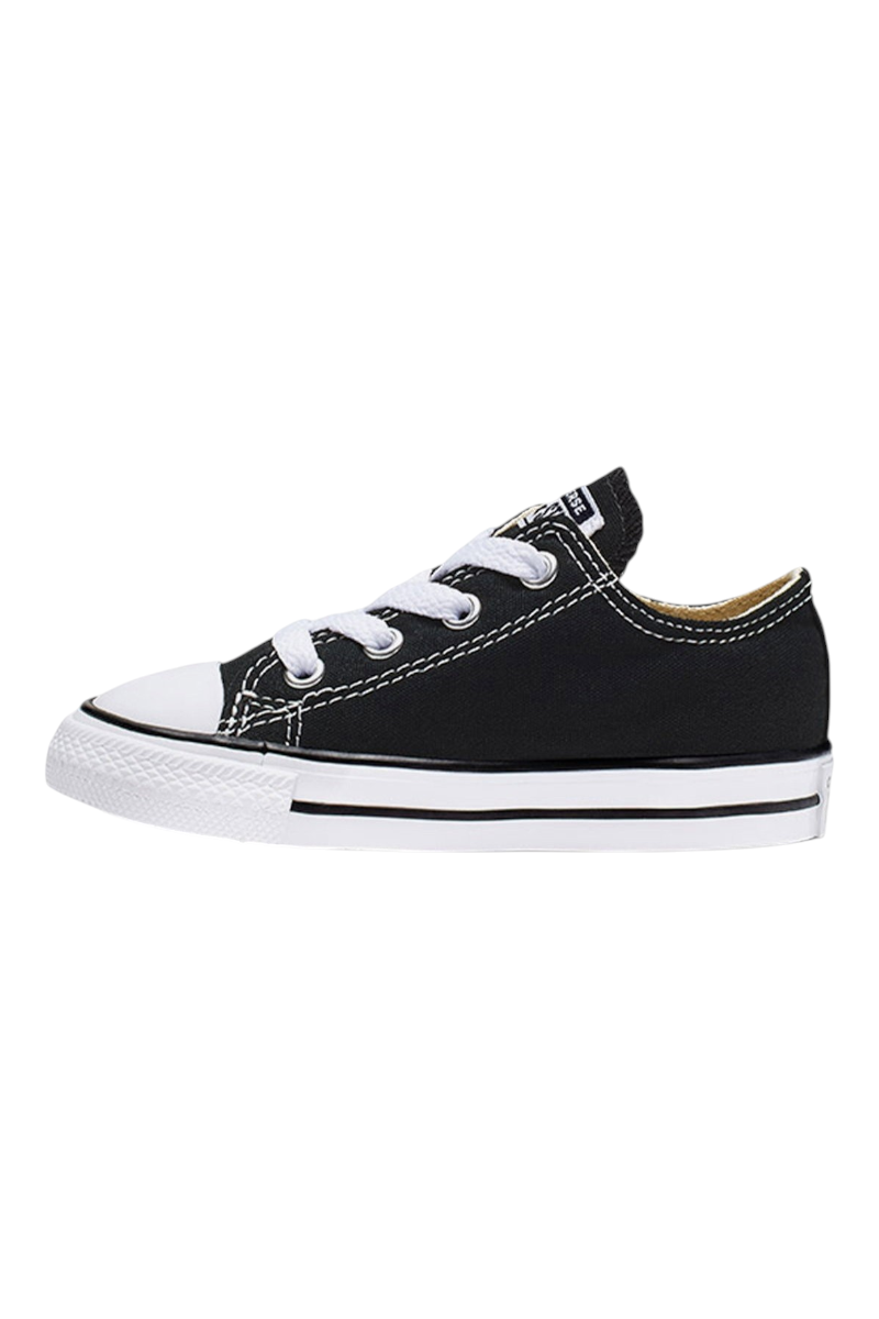 Sporline Converse Chuck Taylor All Star siyah bebek sneaker, beyaz bağcıklı ve klasik düz tabanlı tasarım