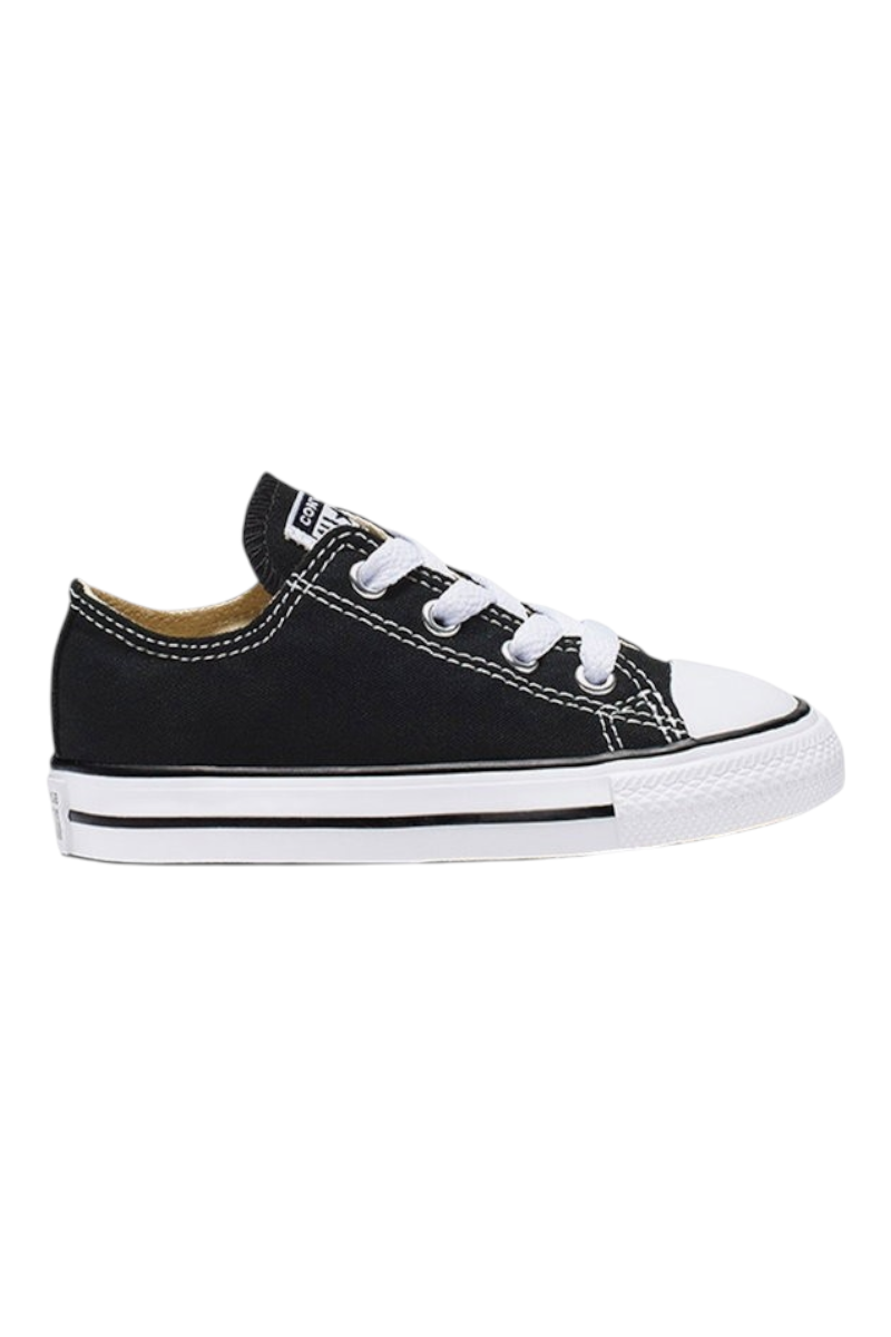 Sporline Converse Chuck Taylor All Star siyah bebek sneaker, beyaz bağcıklı ve dayanıklı pamuklu kumaş tasarımıyla.