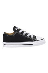Sporline Converse Chuck Taylor All Star siyah bebek sneaker, beyaz bağcıklı ve dayanıklı pamuklu kumaş tasarımıyla.