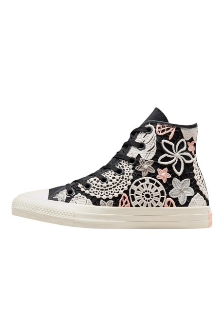Sporline Converse Chuck Taylor All Star siyah kanvas yüksek bilekli ayakkabı, beyaz ve pembe çiçek nakış detaylı