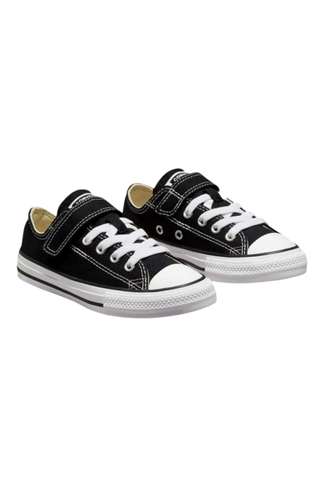 Sporline Converse Chuck Taylor All Star 1V siyah çocuk spor ayakkabısı, cırt cırtlı ve beyaz bağcıklı kanvas tasarım