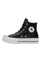 Sporline Converse CTAS Lift Hi siyah deri yüksek tabanlı kadın spor ayakkabı, yan profil görünümü.