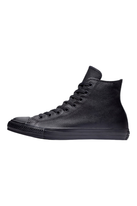 Sporline Converse Chuck Taylor All Star siyah deri yüksek bilekli sneaker, vulkanize kauçuk tabanlı klasik tasarım