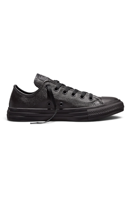 Sporline Converse Chuck Taylor All Star siyah deri düşük profilli sneaker, vulkanize kauçuk tabanlı monokrom tasarım