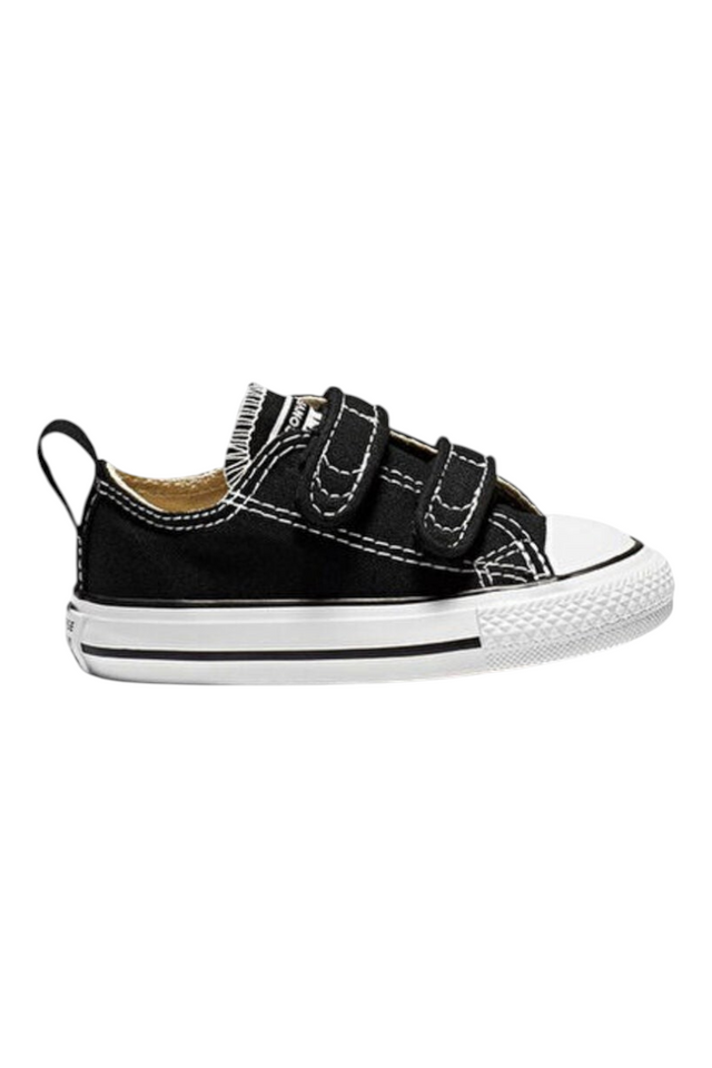 Sporline Converse Chuck Taylor All Star siyah kanvas çocuk ayakkabısı, cırt cırtlı bantlı ve beyaz burunlu tasarım