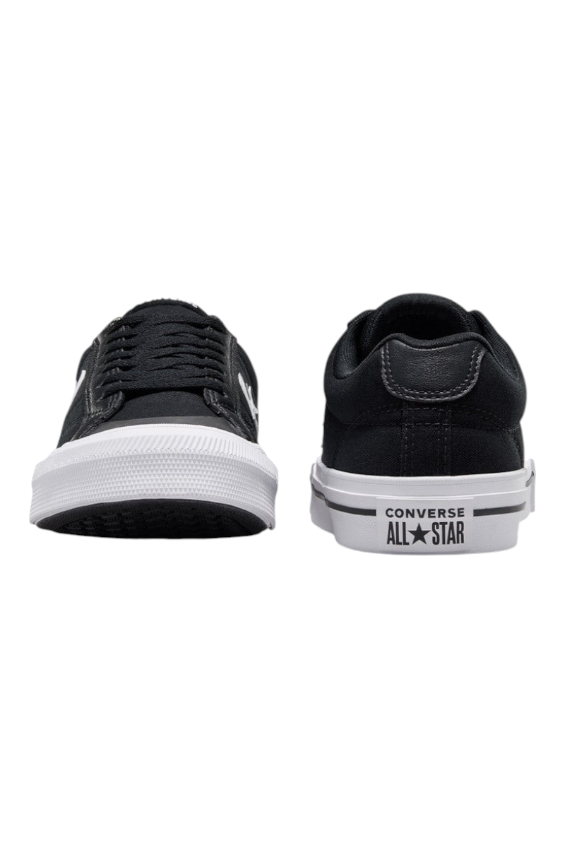 Sporline Converse siyah kanvas sneaker, beyaz kauçuk tabanlı, bağcıklı ve minimalist tasarımlı unisex spor ayakkabı