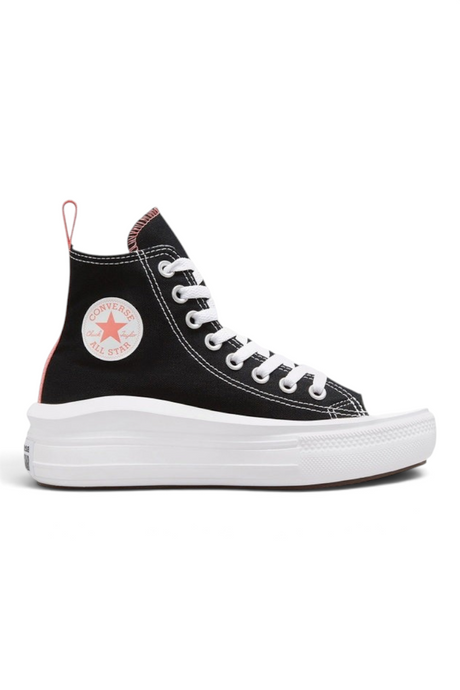 Sporline Converse Chuck Taylor All Star Move siyah kanvas platform spor ayakkabı, pembe detaylı ve bağcıklı tasarım.