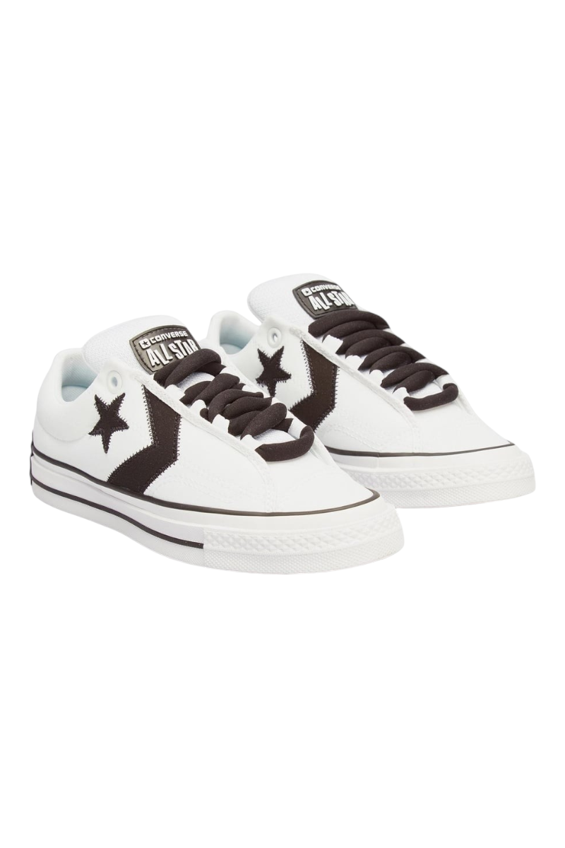 Sporline Converse Star Player Puff beyaz deri sneaker, siyah yıldız detaylı ve kalın bağcıklı kaykay stili ayakkabı