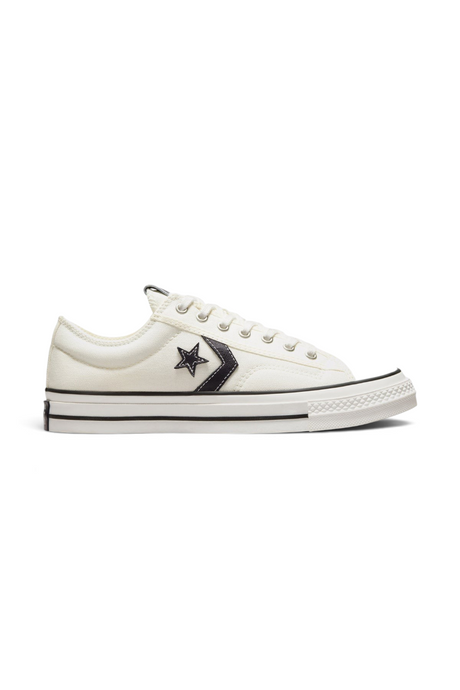 Sporline Converse Star Player 76 eskitilmiş beyaz kanvas spor ayakkabı, siyah ikonik yıldız V şerit detaylı