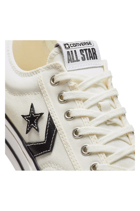 Sporline Converse Star Player 76 eskitilmiş beyaz kanvas spor ayakkabı, siyah ikonik yıldız V şerit detaylı