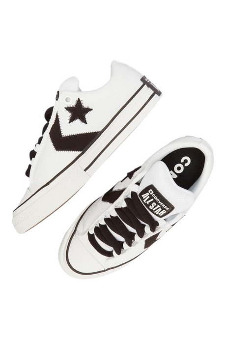 Sporline Converse Star Player Puff beyaz deri sneaker, siyah detaylı ve geniş bağcıklı 90'lar tarzı spor ayakkabı