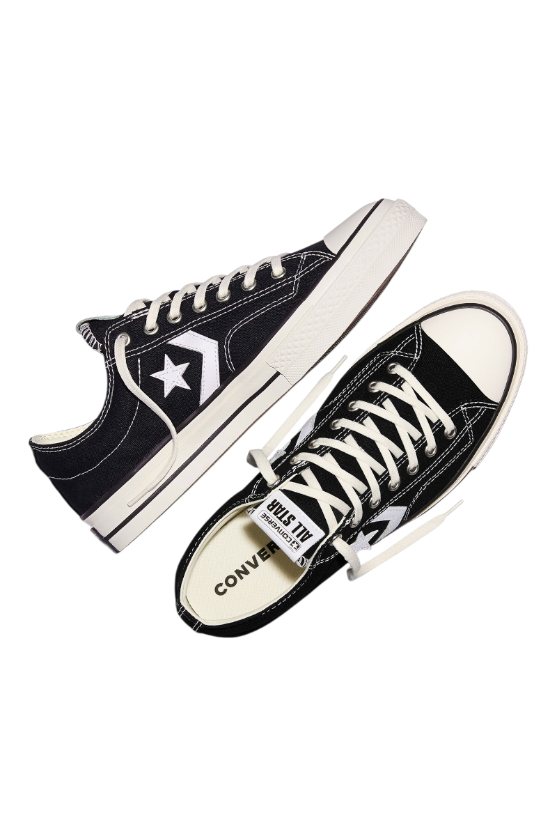 Sporline Converse Star Player 76 siyah beyaz tekstil spor ayakkabı, kauçuk tabanlı ve ikonik yan yıldız detaylı