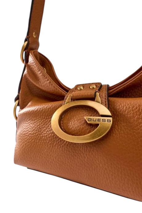 Sporline Guess Camden kahverengi poliüretan kadın omuz çantası, altın renkli metal logo detaylı şık tasarım