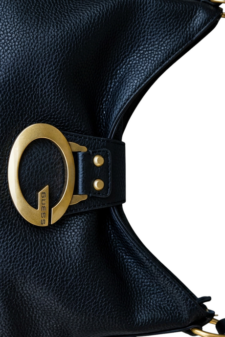 Sporline Guess Camden siyah poliüretan kadın omuz çantası, altın renkli metal G logolu detaylı tasarım