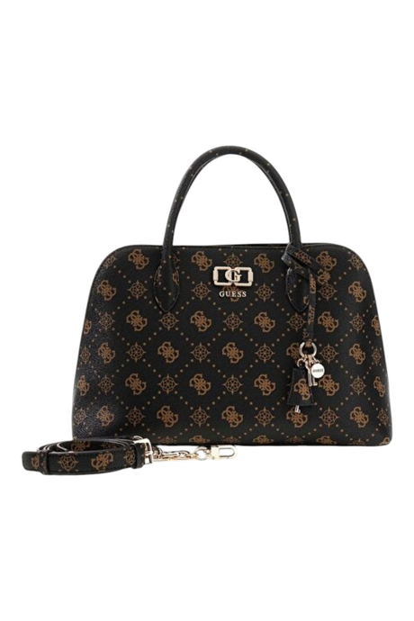 Sporline Guess Emelie Logo satchel çanta, kahverengi ve siyah desenli poliüretan materyal, şık metalik logo detaylı.